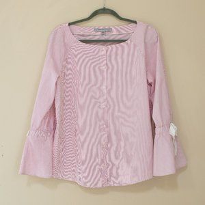 Andrew Marc New York Button Up Blouse with Bell Sleeve and Ribbon Detail